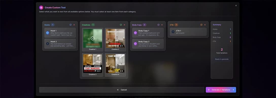 Ad Variations Tester Interface - Systematic ad testing platform