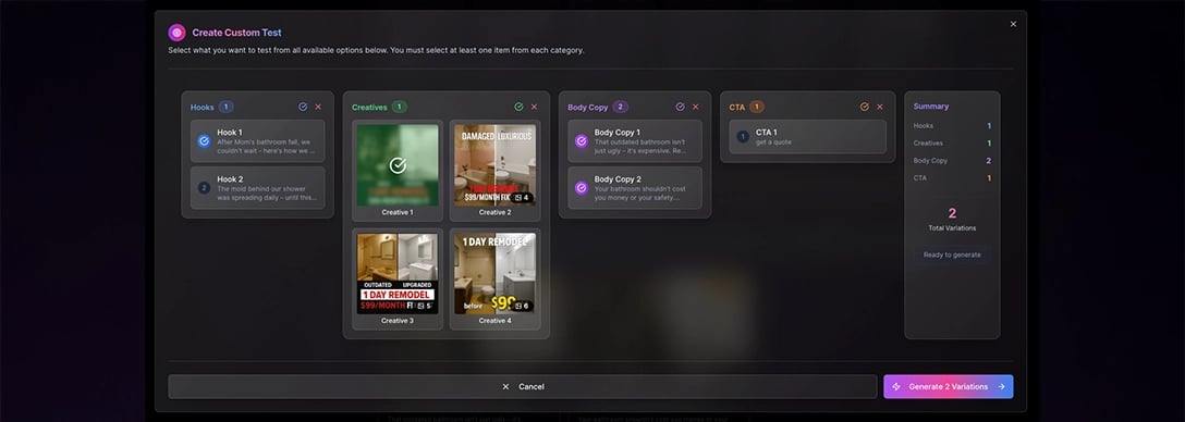 Ad Variations Tester Interface - Systematic ad testing platform